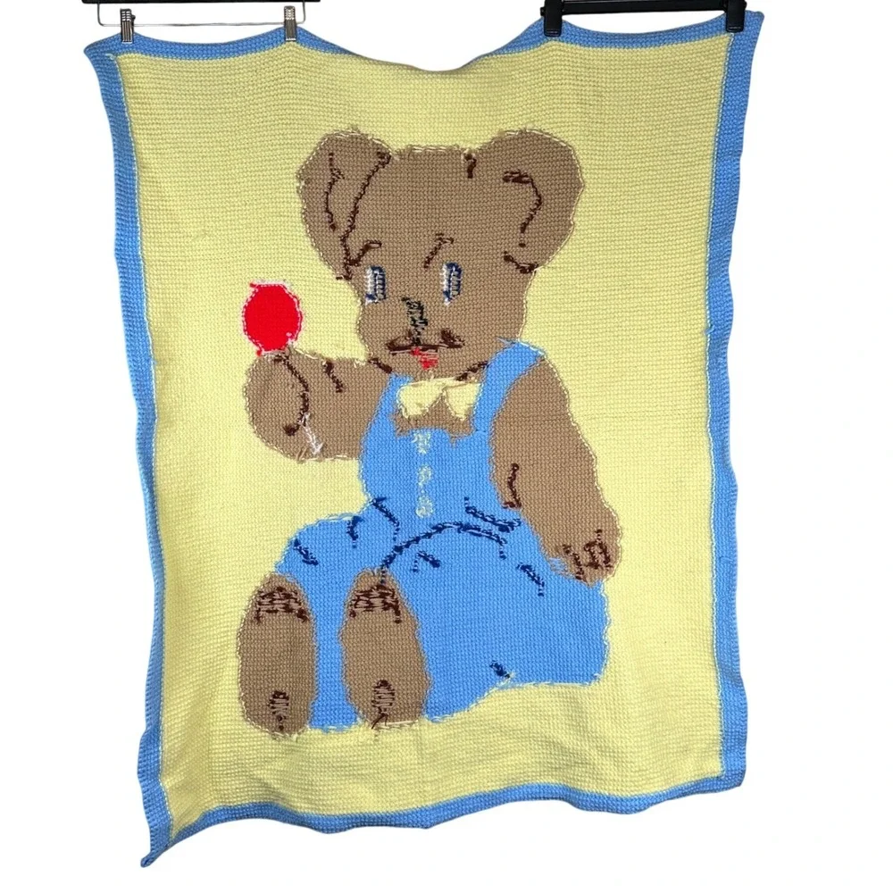 Vintage Handmade Crochet Teddy Bear Baby Blanket Yellow Blue‎ 44x48 knit nursery